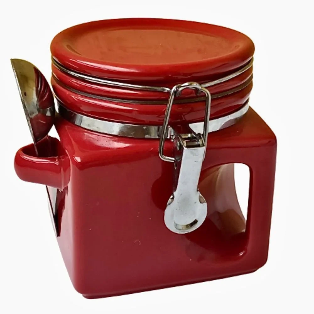 OGGI Red Ceramic Coffee Square Canister Handle & Spoon